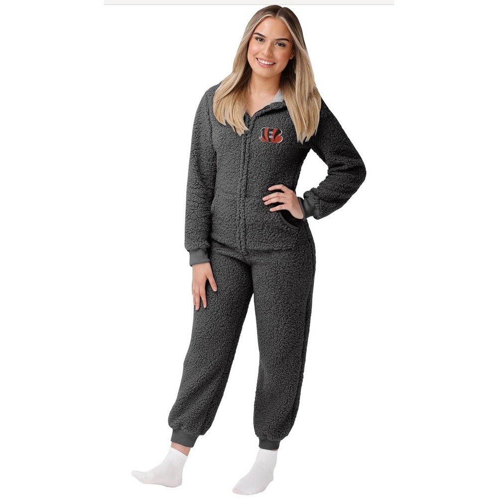 FOCO Cincinnati Bengals Black Sherpa‎ Fleece Hooded Onesie Pajamas Adult XL New